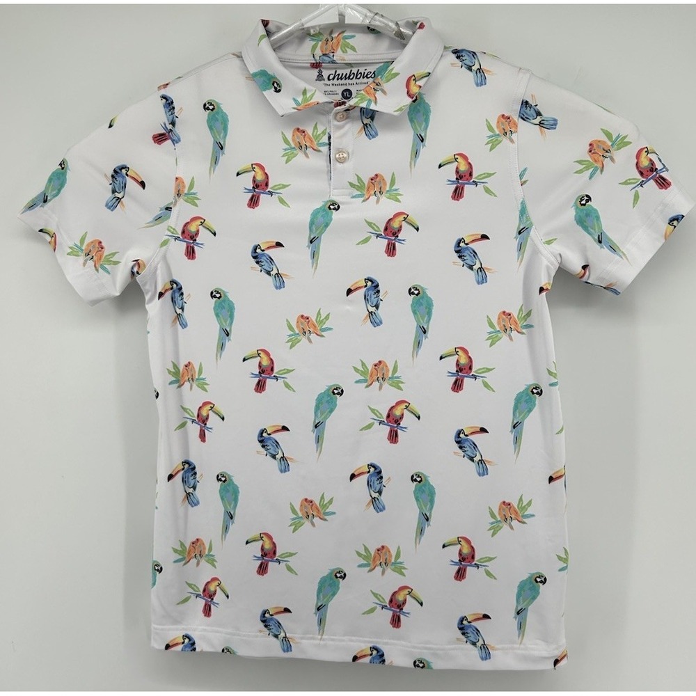 Chubbies Short Sleeve Polo Shirt White With Colored Toucans Youth Large